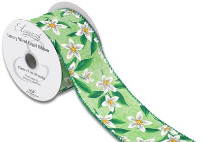 Eleganza Wired Edge Floral Pattern Green/White 63mm x 9.1m Design No.412 - Ribbons