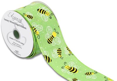 Eleganza Wired Edge Smiley Bee Lime Green 63mm x 9.1m Design No.405 - Ribbons