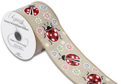 Eleganza Wired Edge Floral Ladybird Natural 63mm x 9.1m Design No.407 - Ribbons