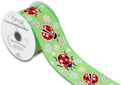 Eleganza Wired Edge Floral Ladybird  Lime Green 63mm x 9.1m Design No.407 - Ribbons
