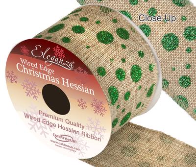 Eleganza Hessian Wired Edge Glitter Dot Green 10yds x 63mm - Christmas Ribbon