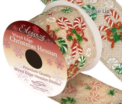 Eleganza Hessian Wired Edge Candy Cane Christmas 10yds x 63mm - Christmas Ribbon