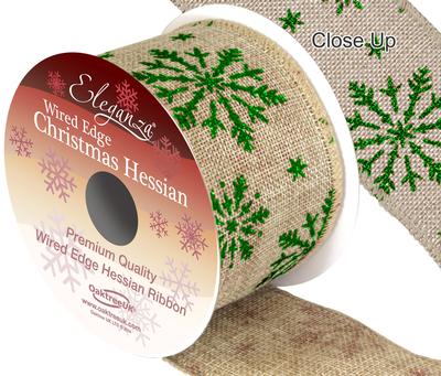 Eleganza Hessian Wired Edge Snow Flake Green 10yds x 63mm - Christmas Ribbon