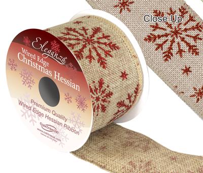Eleganza Hessian Wired Edge Snow Flake Red 10yds x 63mm - Christmas Ribbon