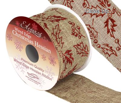 Eleganza Hessian Wired Edge Holly Red 10yds x 63mm - Christmas Ribbon