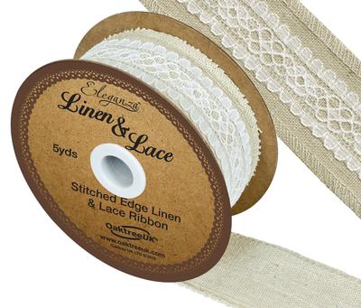 Linen and Lace Stitched Edge Pattern No.353 38mm x 5yds White No.01 - Ribbons