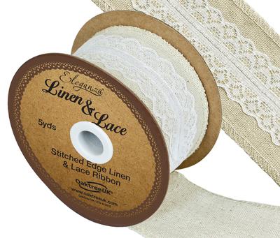 Linen and Lace Stitched Edge Pattern No.354 50mm x 5yds White No.01 - Ribbons