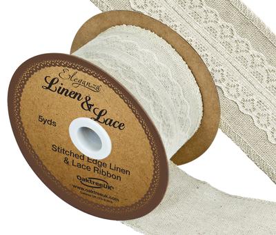 Linen and Lace Stitched Edge Pattern No.354 50mm x 5yds Ivory No.61 - Ribbons
