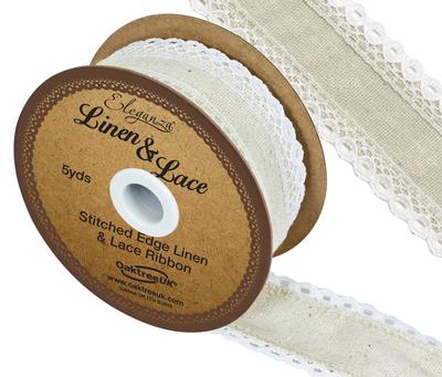 Linen and Lace Stitched Edge Pattern No.356 50mm x 5yds White No.01 - Ribbons