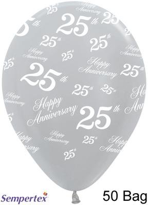 Sempertex 11inch Pearl 481 Silver Allover Happy Anniversary 25th x50 - Latex Balloons