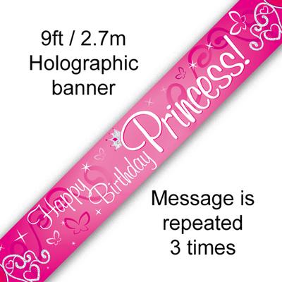 9ft Banner Happy Birthday Princess Holographic - Banners & Bunting