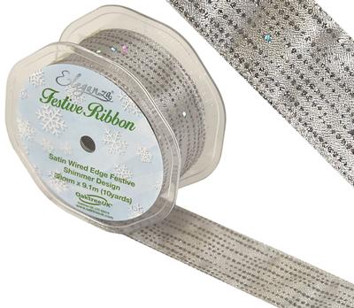 Eleganza Satin Wired Edge Festive Shimmer Design No.377 Silver No.66 38mm x 9.1m - Christmas Ribbon