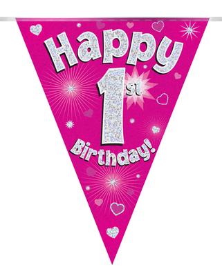Party Bunting Happy 1st Birthday Pink Holographic 11 flags 3.9m - Banners & Bunting