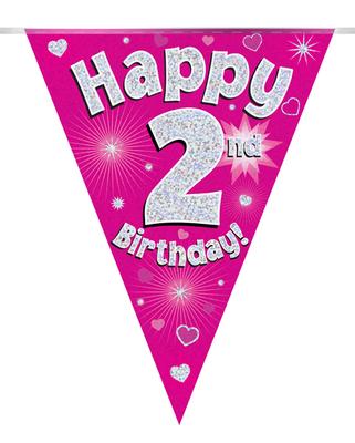 Party Bunting Happy 2nd Birthday Pink Holographic 11 flags 3.9m - Banners & Bunting