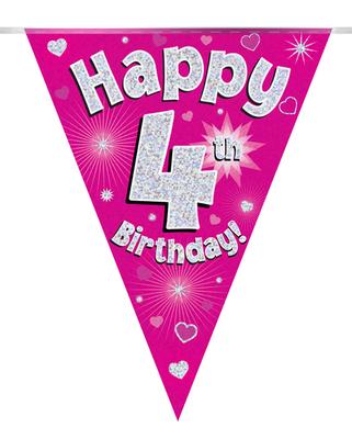 Party Bunting Happy 4th Birthday Pink Holographic 11 flags 3.9m - Banners & Bunting