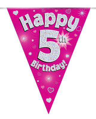 Party Bunting Happy 5th Birthday Pink Holographic 11 flags 3.9m - Banners & Bunting