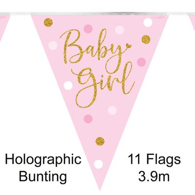 Party Bunting Sparkling Baby Girl Dots Holographic 11 flags 3.9m - Banners & Bunting