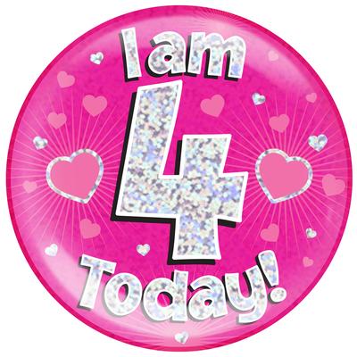 Oaktree Holographic Jumbo Badge - I am 4 Today Pink - Jumbo Badges