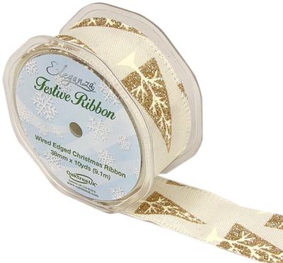 Eleganza Contemporary Christmas Tree Wired Edge 38mm x 9.1m (10 yards) Ivory/Gold - Christmas Ribbon
