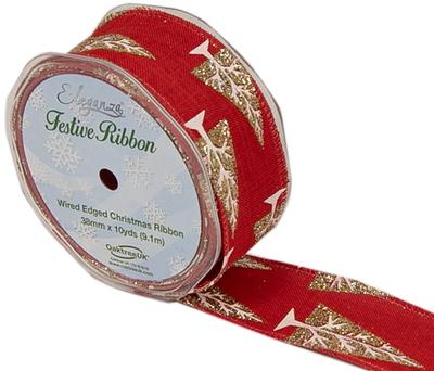 Eleganza Contemporary Christmas Tree Wired Edge 38mm x 9.1m (10 yards) Red/Gold - Christmas Ribbon