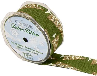 Eleganza Contemporary Christmas Tree Wired Edge 38mm x 9.1m (10 yards) Green/Gold - Christmas Ribbon