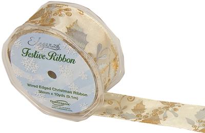 Eleganza Gilded Holly Wired Edge 38mm x 9.1m (10 yards) Ivory/Gold Design No.371 - Christmas Ribbon