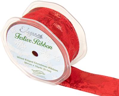Eleganza Gilded Holly Wired Edge 38mm x 9.1m (10 yards) Red/Metallic Design Red No.371 - Christmas Ribbon