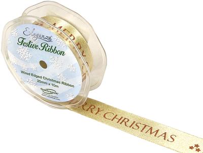 Eleganza Satin Merry Christmas Glitter Woven Edge 25mm x 10m Gold/Rose Gold Design No.373 - Christmas Ribbon