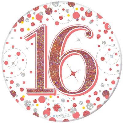 Oaktree 3inch Badge 16th Birthday Sparkling Fizz Rose Gold Holographic - Partyware