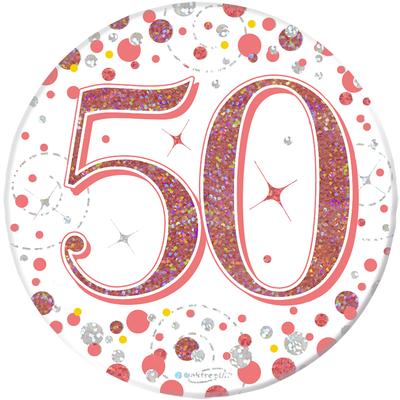 Oaktree 3inch Badge 50th Birthday Sparkling Fizz Rose Gold Holographic - Partyware