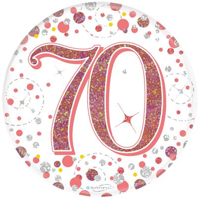 Oaktree 3inch Badge 70th Birthday Sparkling Fizz Rose Gold Holographic - Partyware