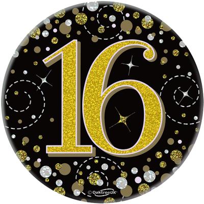 Oaktree 3inch Badge 16th Birthday Sparkling Fizz Black Gold Holographic - Partyware