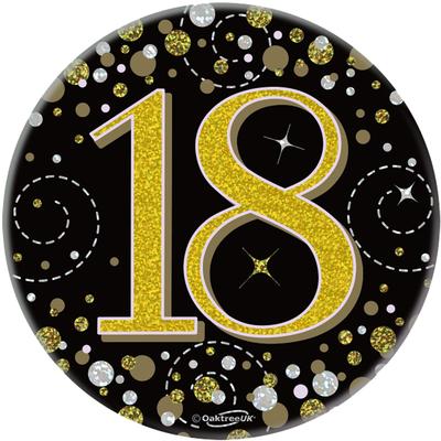 Oaktree 3inch Badge 18th Birthday Sparkling Fizz Black Gold Holographic - Partyware