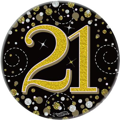 Oaktree 3inch Badge 21st Birthday Sparkling Fizz Black Gold Holographic - Partyware