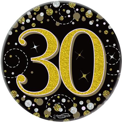 Oaktree 3inch Badge 30th Birthday Sparkling Fizz Black Gold Holographic - Partyware
