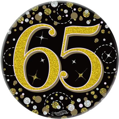 Oaktree 3inch Badge 65th Birthday Sparkling Fizz Black Gold Holographic - Partyware