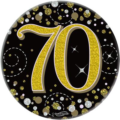 Oaktree 3inch Badge 70th Birthday Sparkling Fizz Black Gold Holographic - Partyware