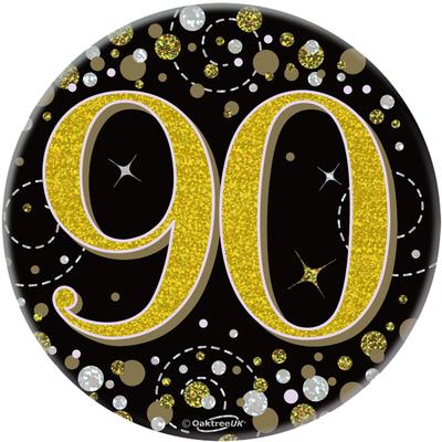 Oaktree 3inch Badge 90th Birthday Sparkling Fizz Black Gold Holographic - Partyware