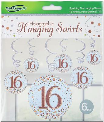 Oaktree Sparkling Fizz Hanging Swirls 16th White & Rose Gold 6pcs - Partyware