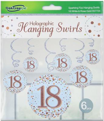 Oaktree Sparkling Fizz Hanging Swirls 18th White & Rose Gold 6pcs - Partyware