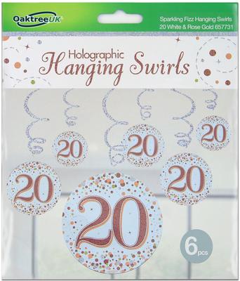 Oaktree Sparkling Fizz Hanging Swirls 20th White & Rose Gold 6pcs - Partyware