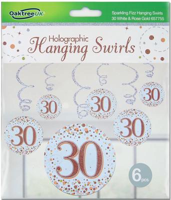 Oaktree Sparkling Fizz Hanging Swirls 30th White & Rose Gold 6pcs - Partyware