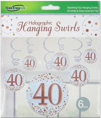 Oaktree Sparkling Fizz Hanging Swirls 40th White & Rose Gold 6pcs - Partyware