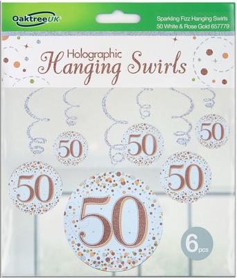 Oaktree Sparkling Fizz Hanging Swirls 50th White & Rose Gold 6pcs - Partyware