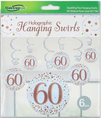 Oaktree Sparkling Fizz Hanging Swirls 60th White & Rose Gold 6pcs - Partyware
