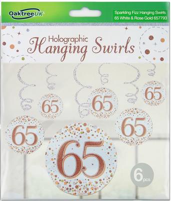 Oaktree Sparkling Fizz Hanging Swirls 65th White & Rose Gold 6pcs - Partyware