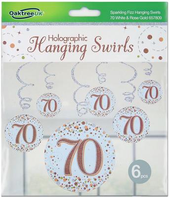 Oaktree Sparkling Fizz Hanging Swirls 70th White & Rose Gold 6pcs - Partyware