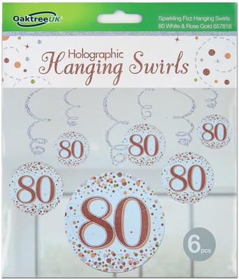 Oaktree Sparkling Fizz Hanging Swirls 80th White & Rose Gold 6pcs - Partyware