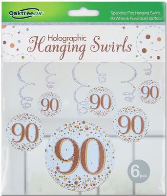 Oaktree Sparkling Fizz Hanging Swirls 90th White & Rose Gold 6pcs - Partyware