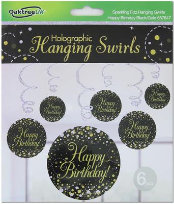 Oaktree Sparkling Fizz Hanging Swirls Happy Birthday Black / Gold 6pcs - Partyware